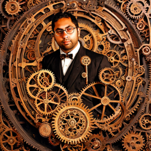 A man inserted in the middle of a steam punk themed environment surrounded by gears