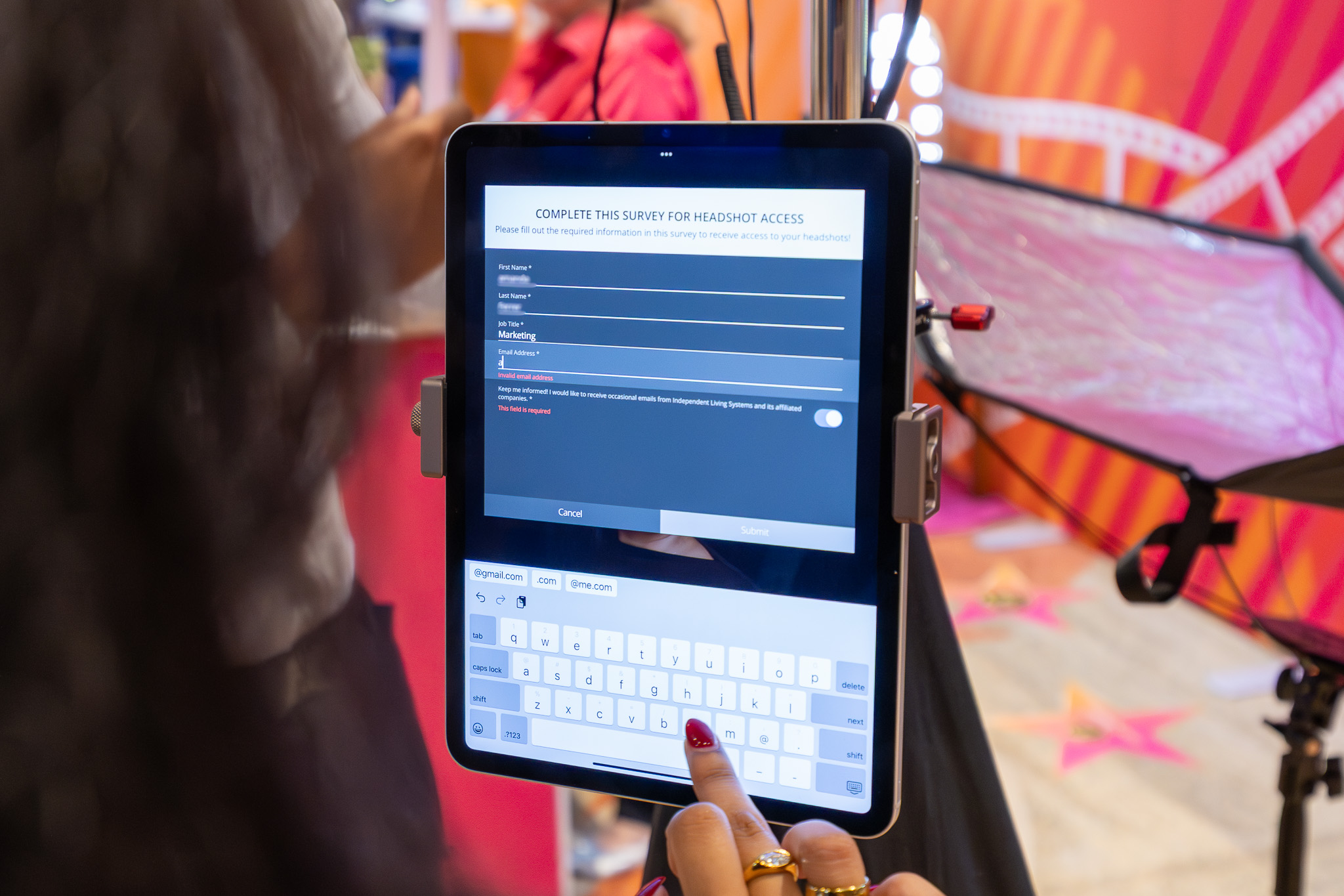 Woman filling out a survey to get access to her headshot